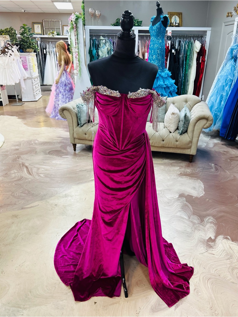Off-Shoulder Fuchsia Velvet Evening Gown with Embellished Fringe